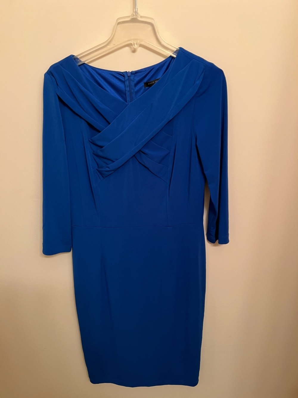 David Meister Cobalt Blue Draped Sheath Dress with Three-Quarter Sleeves